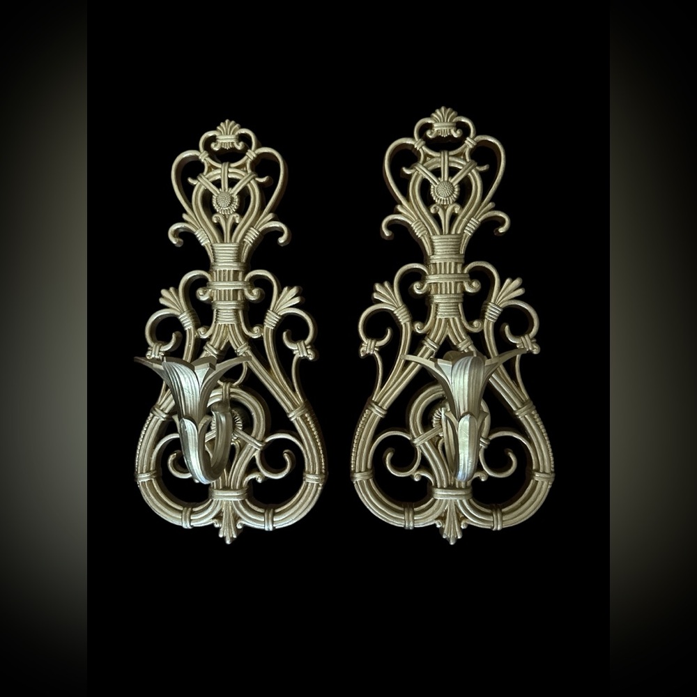 VTG HOMCO HOME INTERIORS GOLD FRENCH PROVINCIAL STYLE SYROCO CANDLE HOLDER SET